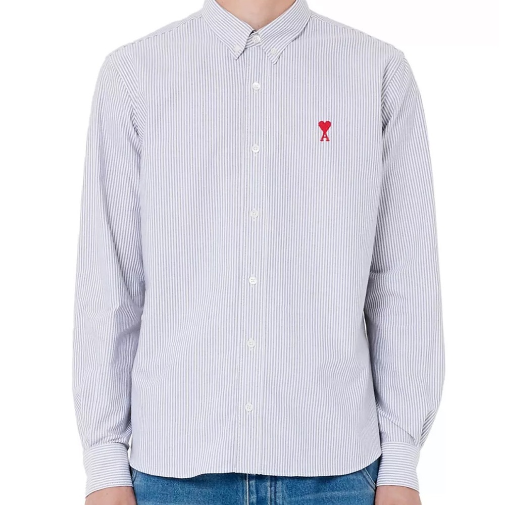 Ami Paris Men's Gray Ami De Coeur Striped Cotton Shirt